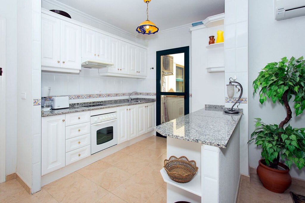 Vista en detalle de una cocina blanca minimalista con frentes limpios, electrodomésticos de última generación integrados y una planta decorativa