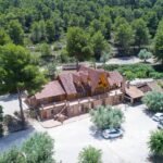 Vista aérea de finca con casa de madera entre pinos – fotografía inmobiliaria con drone